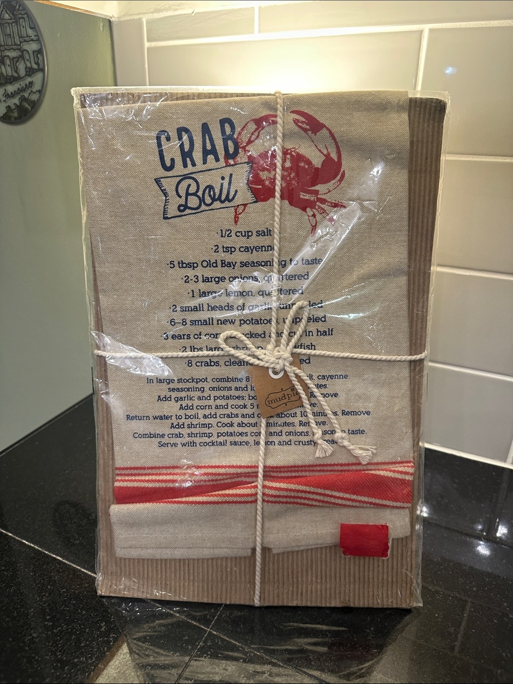 Mud Pie Crab Boil Cotton Kitchen Towel - Beige with Red Accents